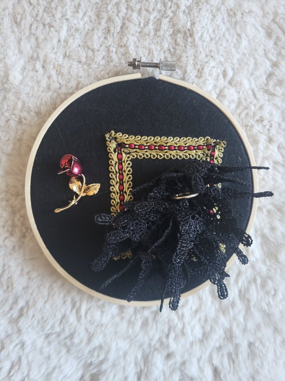 Wall Art on Embroidery Hoop 6" / "Black Thorn"